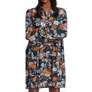 H&M $40 Size 8 Long Sleeve Dark Teal Blue Green Cream Mustard Floral Tunic Dress